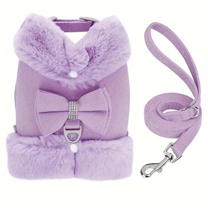 KFX-3524157 Adjustable Bow Tie Dog Harness and Leash Set with Soft Padding and Removable Fur Collar for Small Dogs