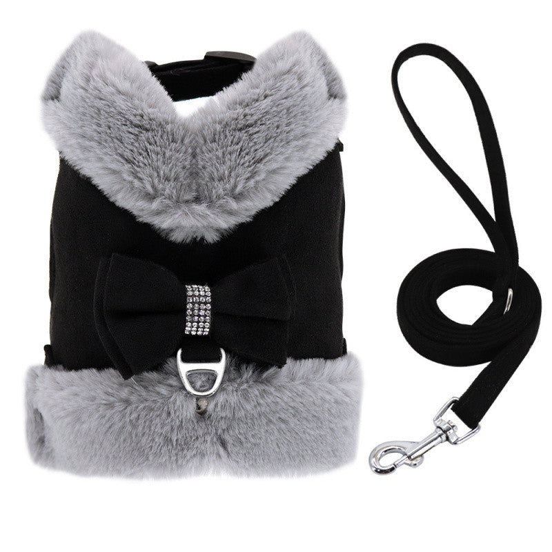 KFX-3524157 Adjustable Bow Tie Dog Harness and Leash Set with Soft Padding and Removable Fur Collar for Small Dogs