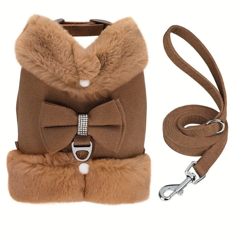 KFX-3524157 Adjustable Bow Tie Dog Harness and Leash Set with Soft Padding and Removable Fur Collar for Small Dogs