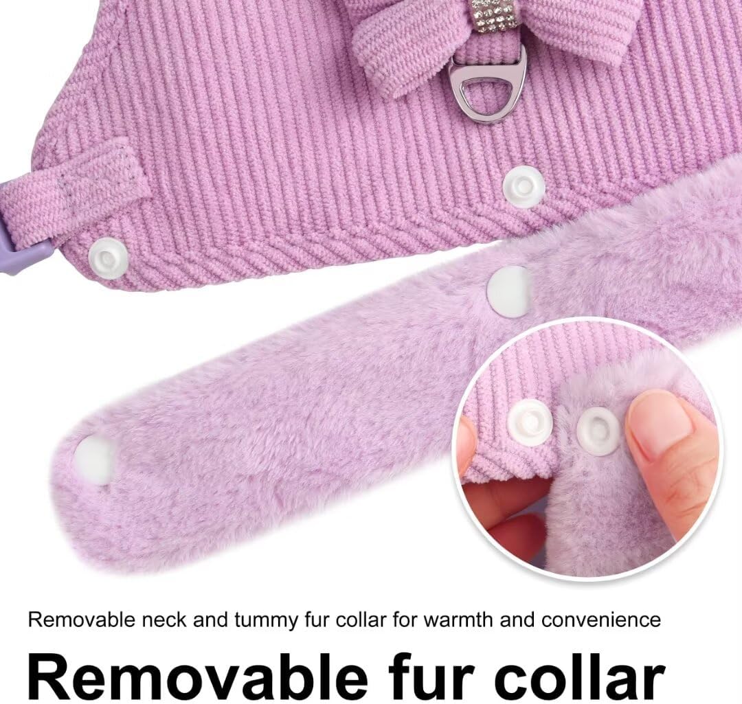 KFX-3524157 Adjustable Bow Tie Dog Harness and Leash Set with Soft Padding and Removable Fur Collar for Small Dogs