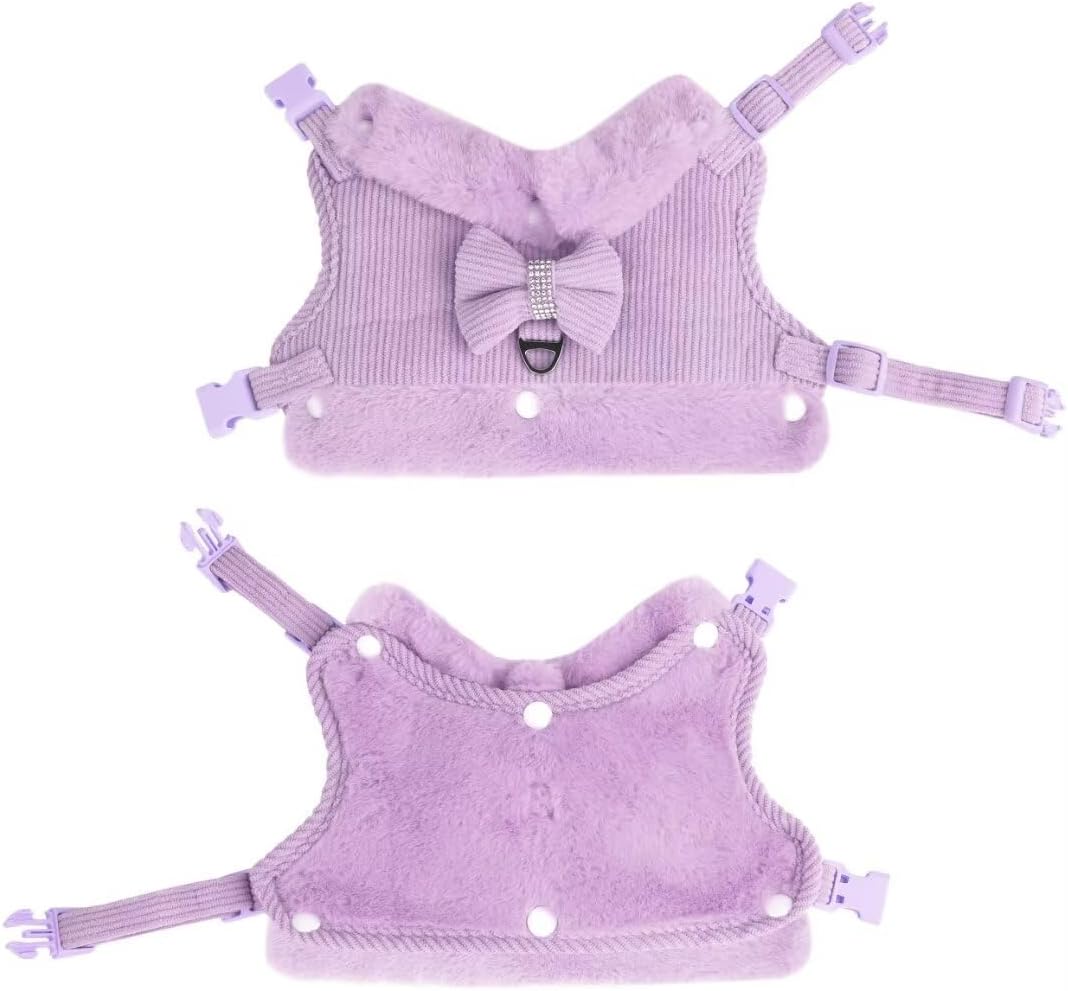KFX-3524157 Adjustable Bow Tie Dog Harness and Leash Set with Soft Padding and Removable Fur Collar for Small Dogs
