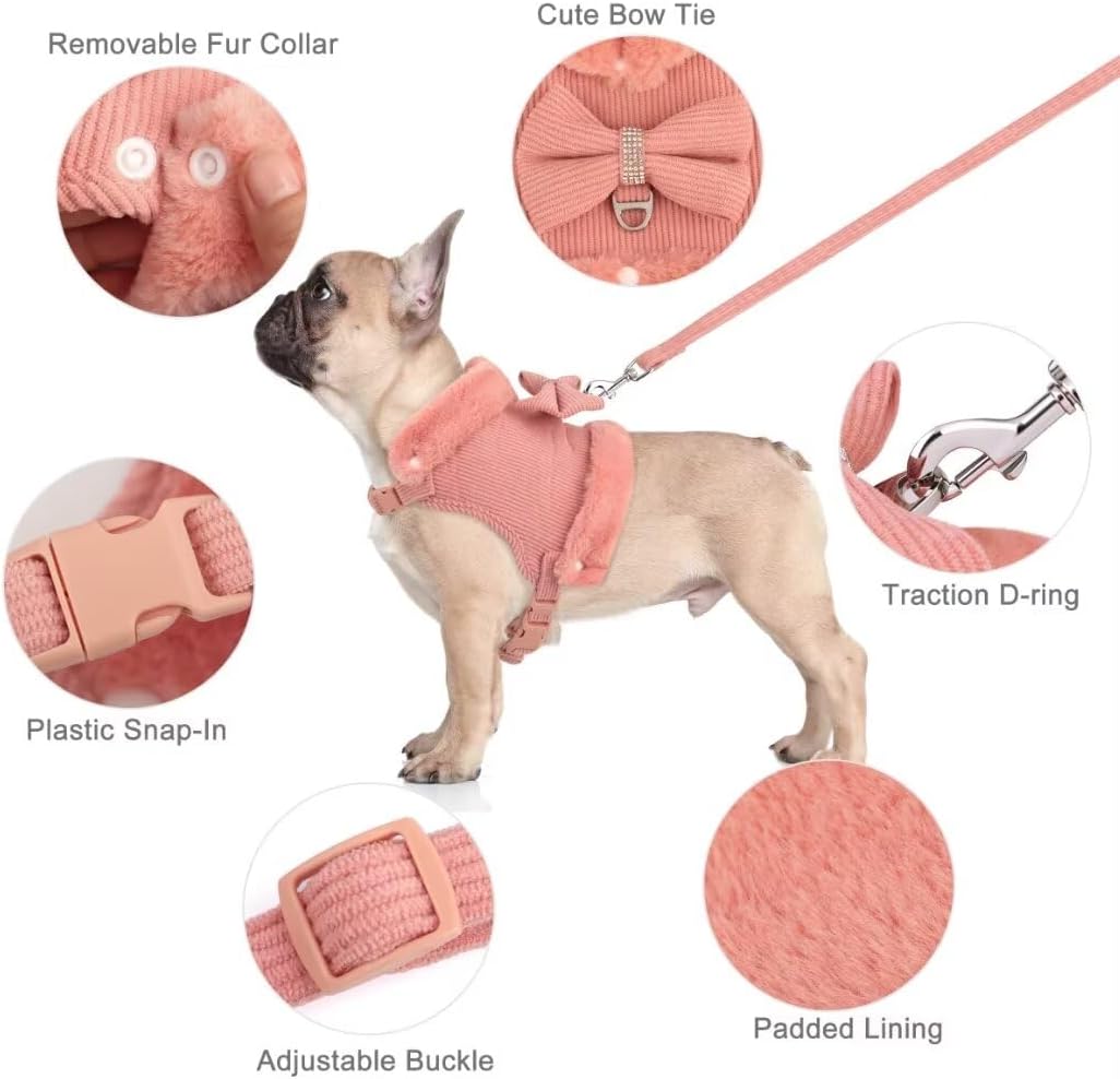 KFX-3524157 Adjustable Bow Tie Dog Harness and Leash Set with Soft Padding and Removable Fur Collar for Small Dogs