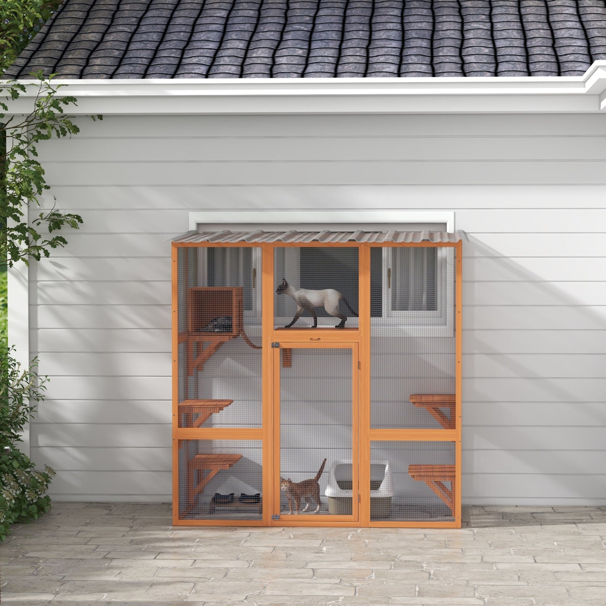 KFX-3526717 Outdoor Cat Catio Enclosure with Cat Box and Jump Platforms for Safe Playtime