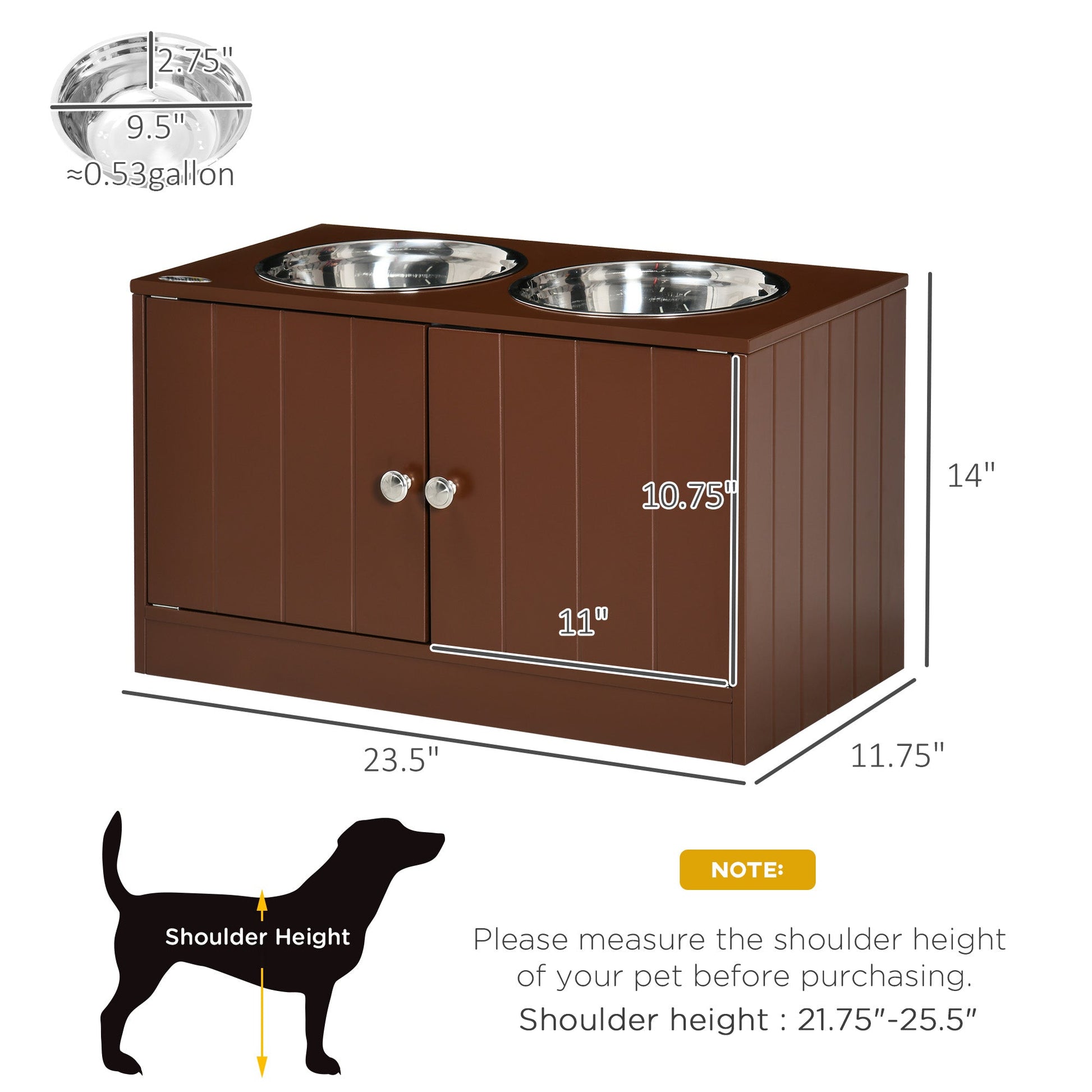 KFX-3528637 Raised Dog Bowl Stand with Storage Cabinet for Large Dogs - Brown MDF and Stainless Steel Feeding Station