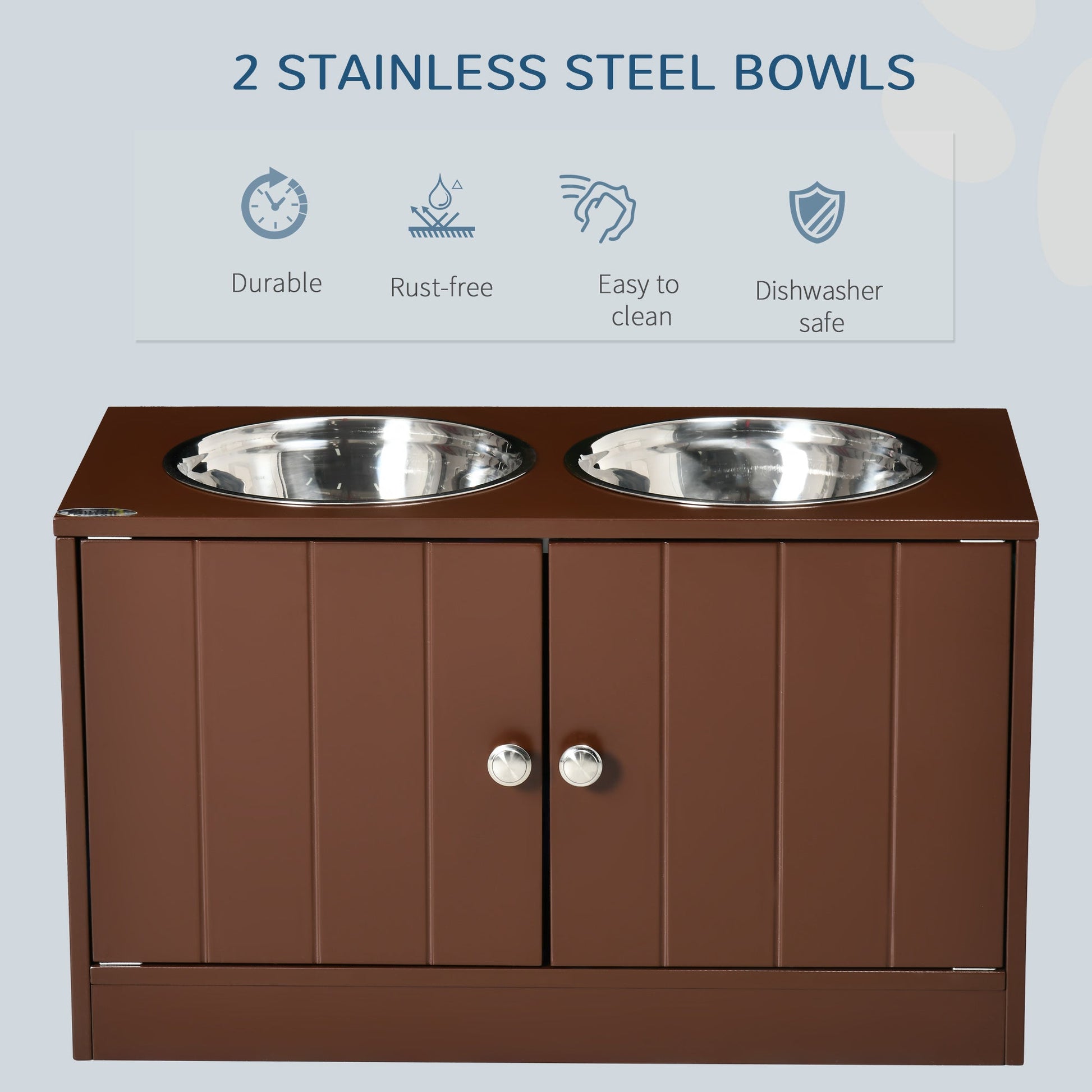KFX-3528637 Raised Dog Bowl Stand with Storage Cabinet for Large Dogs - Brown MDF and Stainless Steel Feeding Station