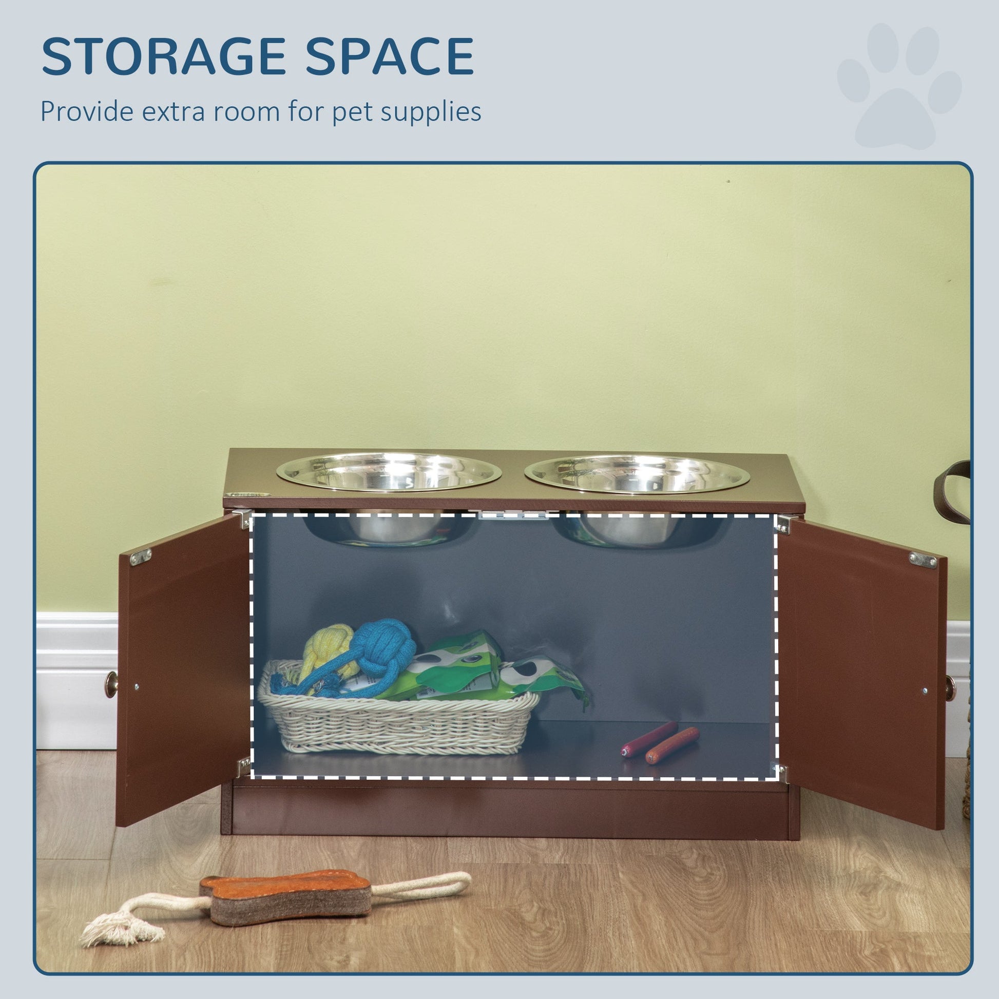 KFX-3528637 Raised Dog Bowl Stand with Storage Cabinet for Large Dogs - Brown MDF and Stainless Steel Feeding Station