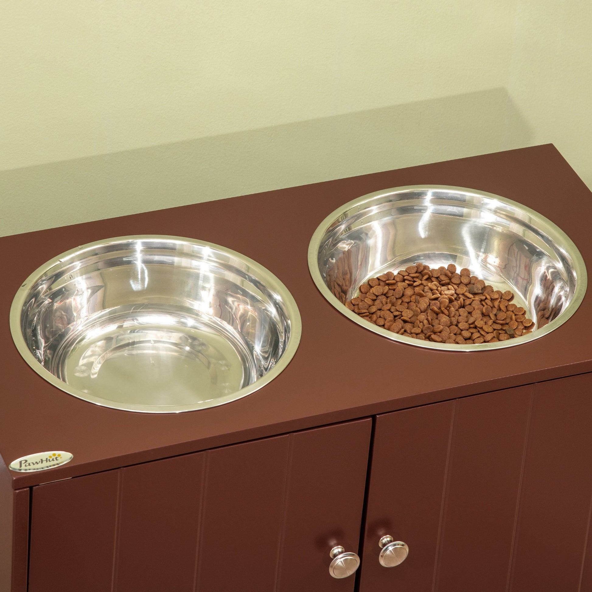 KFX-3528637 Raised Dog Bowl Stand with Storage Cabinet for Large Dogs - Brown MDF and Stainless Steel Feeding Station