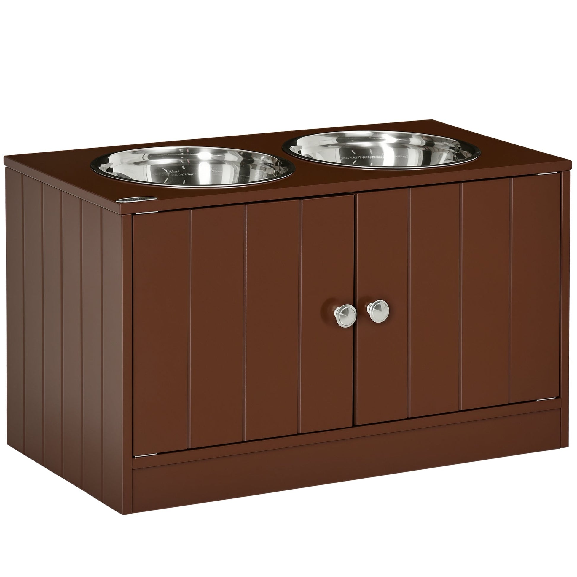KFX-3528637 Raised Dog Bowl Stand with Storage Cabinet for Large Dogs - Brown MDF and Stainless Steel Feeding Station