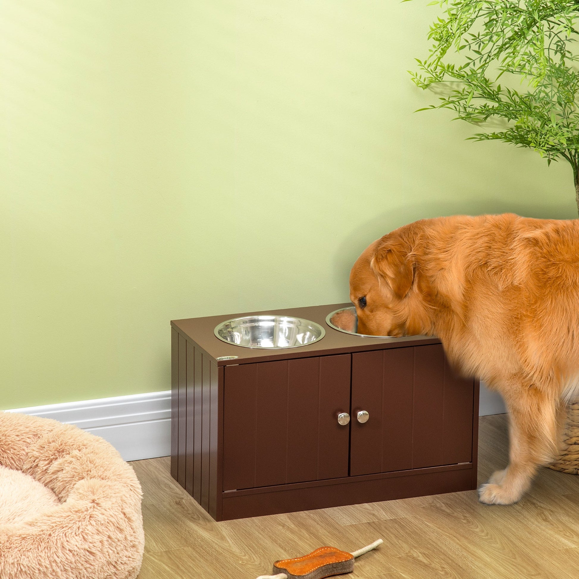 KFX-3528637 Raised Dog Bowl Stand with Storage Cabinet for Large Dogs - Brown MDF and Stainless Steel Feeding Station