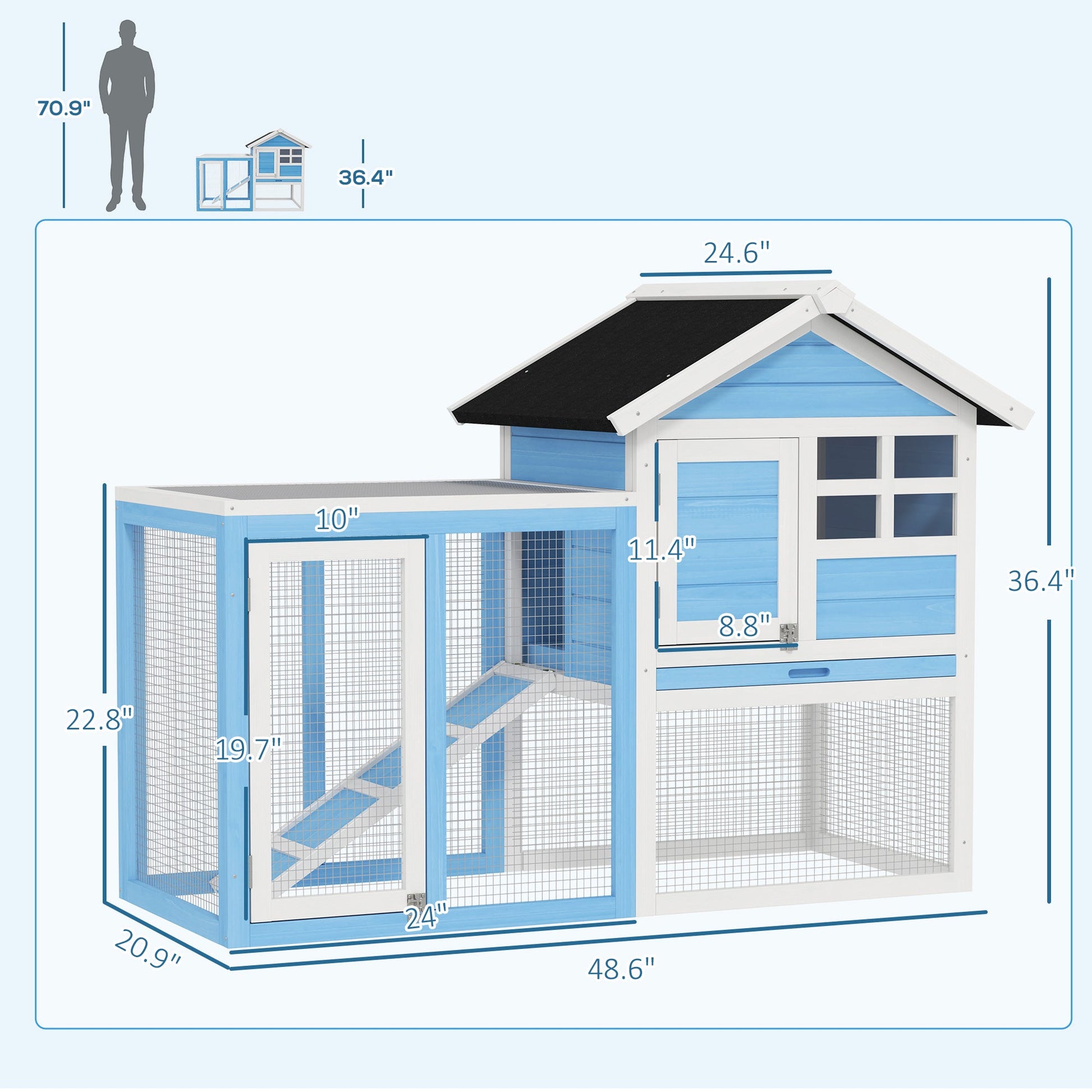 KFX-3532093 48" Outdoor Wooden Rabbit Hutch with Waterproof Roof and Removable Tray, Light Blue