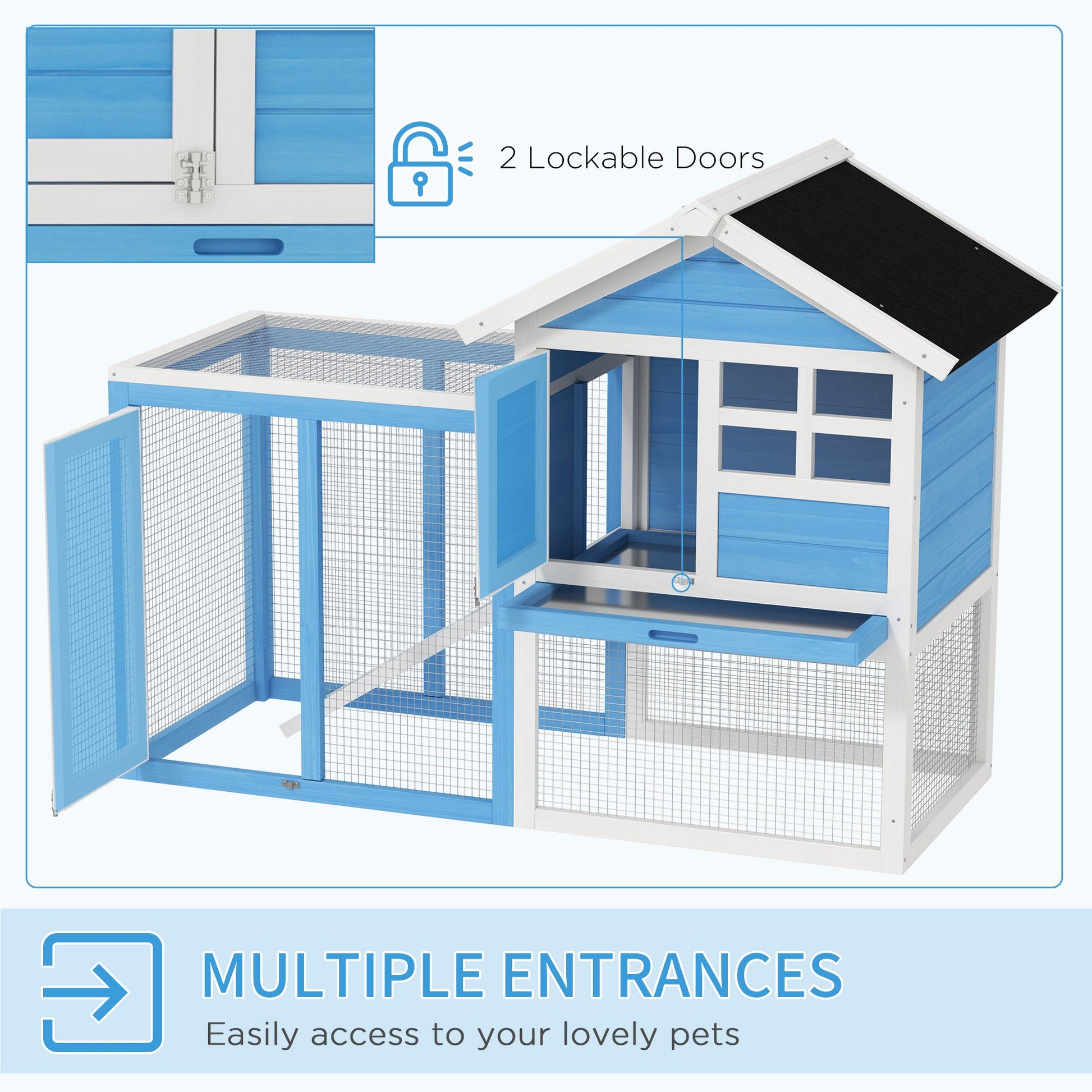 KFX-3532093 48" Outdoor Wooden Rabbit Hutch with Waterproof Roof and Removable Tray, Light Blue