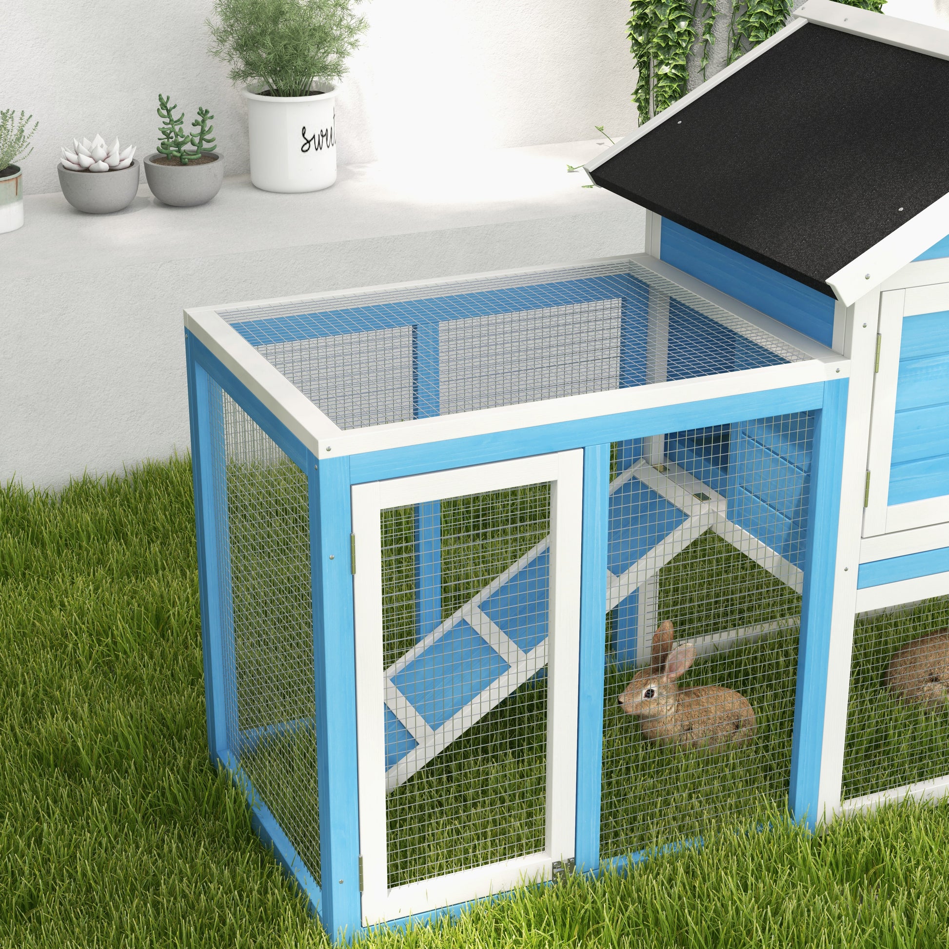 KFX-3532093 48" Outdoor Wooden Rabbit Hutch with Waterproof Roof and Removable Tray, Light Blue