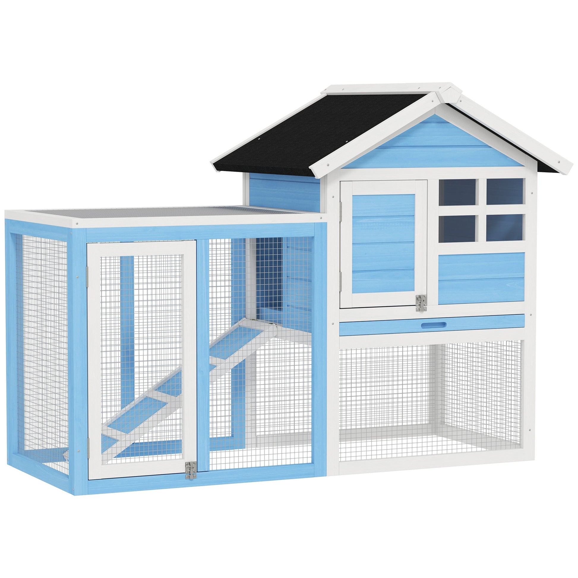 KFX-3532093 48" Outdoor Wooden Rabbit Hutch with Waterproof Roof and Removable Tray, Light Blue