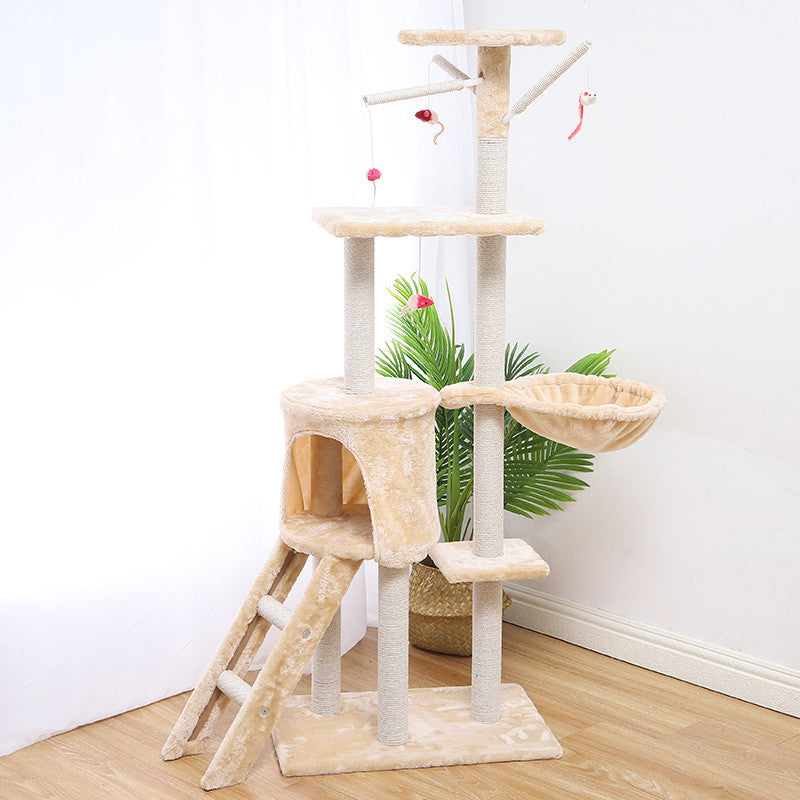 KFX-3537469 Beige Grey Brown Cat Climber House - 140cm Height with Sisal and Short Wool Material
