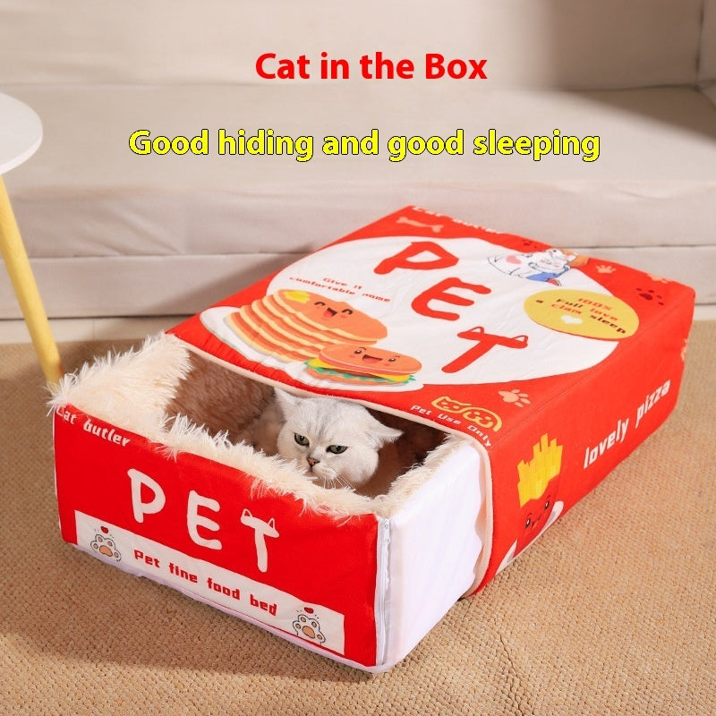 KFX-3549757 Rectangular Fully Enclosed Pet Bed for Cats - Soft Cloth, Red/Blue, Size M & L