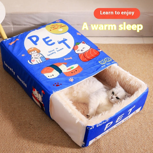 KFX-3549757 Rectangular Fully Enclosed Pet Bed for Cats - Soft Cloth, Red/Blue, Size M & L