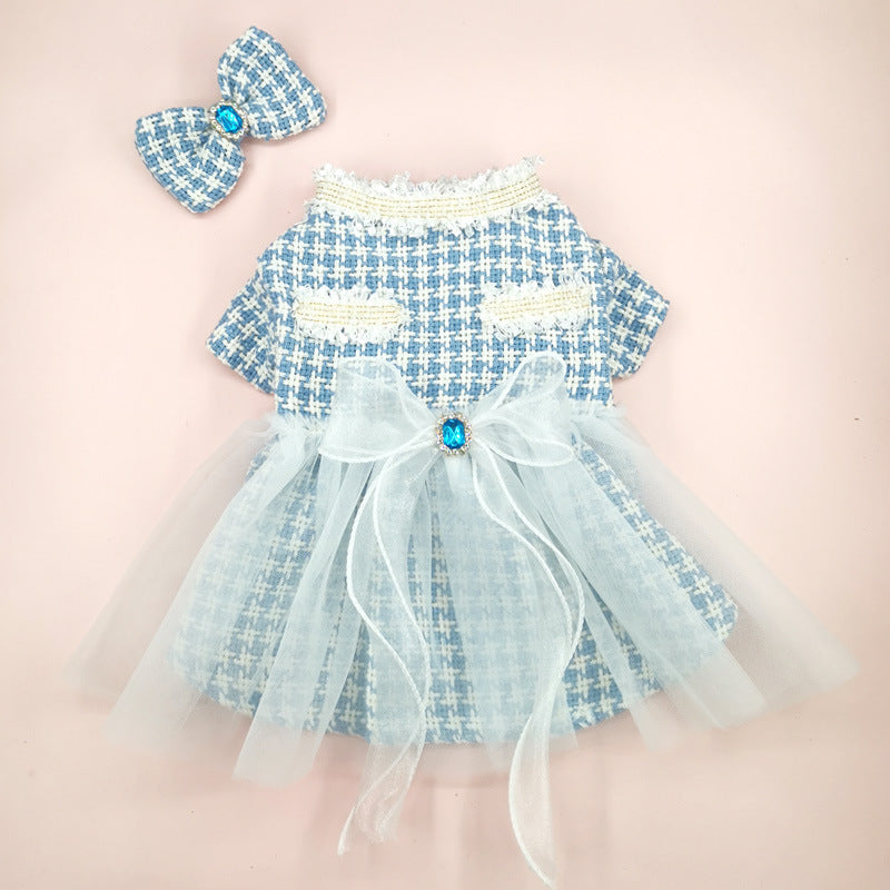 KFX-3553853 Tulle Tutu Skirt for Dogs and Cats with Matching Head Flower - Blue Smile Design