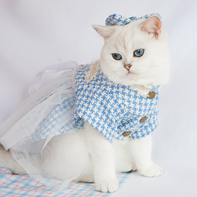 KFX-3553853 Tulle Tutu Skirt for Dogs and Cats with Matching Head Flower - Blue Smile Design