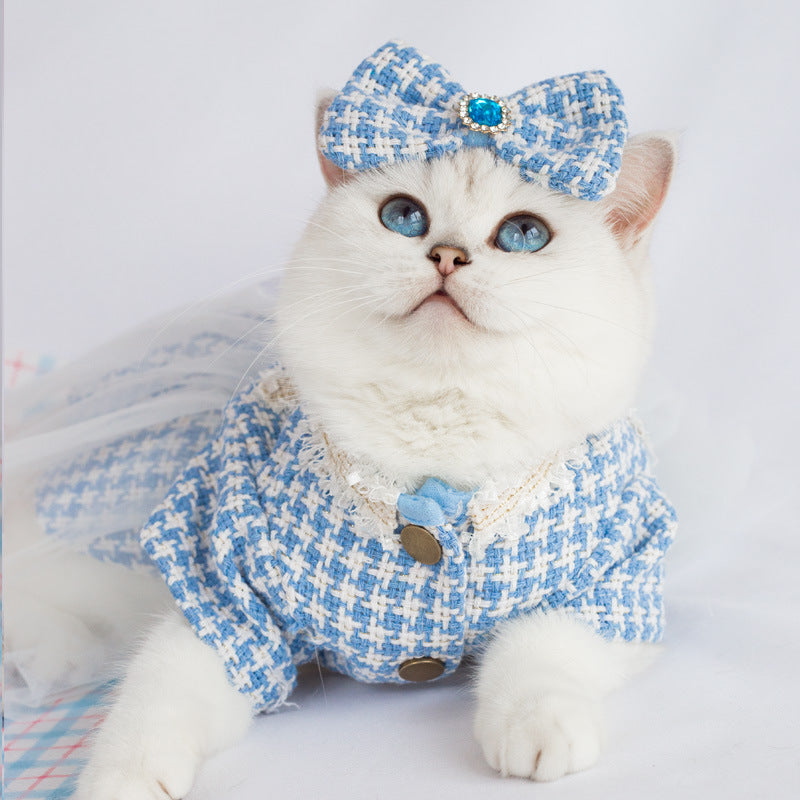KFX-3553853 Tulle Tutu Skirt for Dogs and Cats with Matching Head Flower - Blue Smile Design