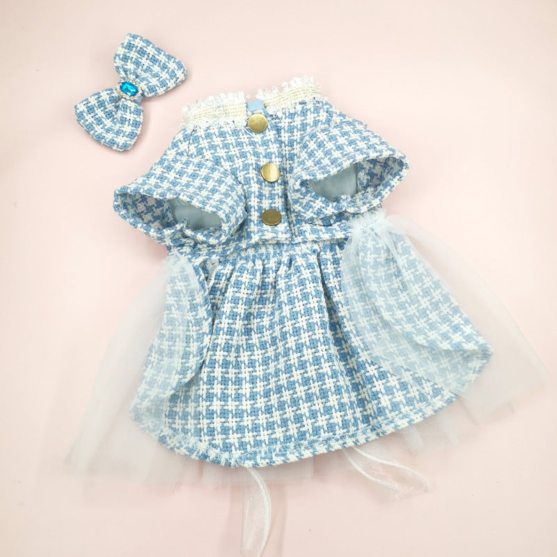 KFX-3553853 Tulle Tutu Skirt for Dogs and Cats with Matching Head Flower - Blue Smile Design