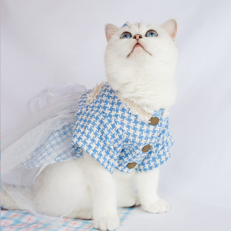 KFX-3553853 Tulle Tutu Skirt for Dogs and Cats with Matching Head Flower - Blue Smile Design