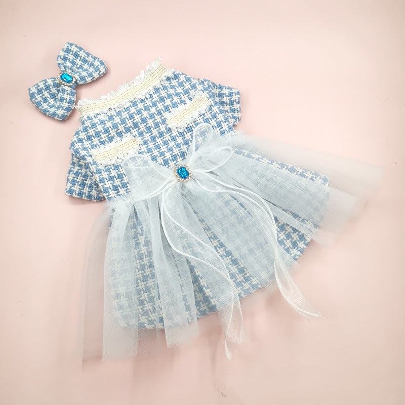 KFX-3553853 Tulle Tutu Skirt for Dogs and Cats with Matching Head Flower - Blue Smile Design