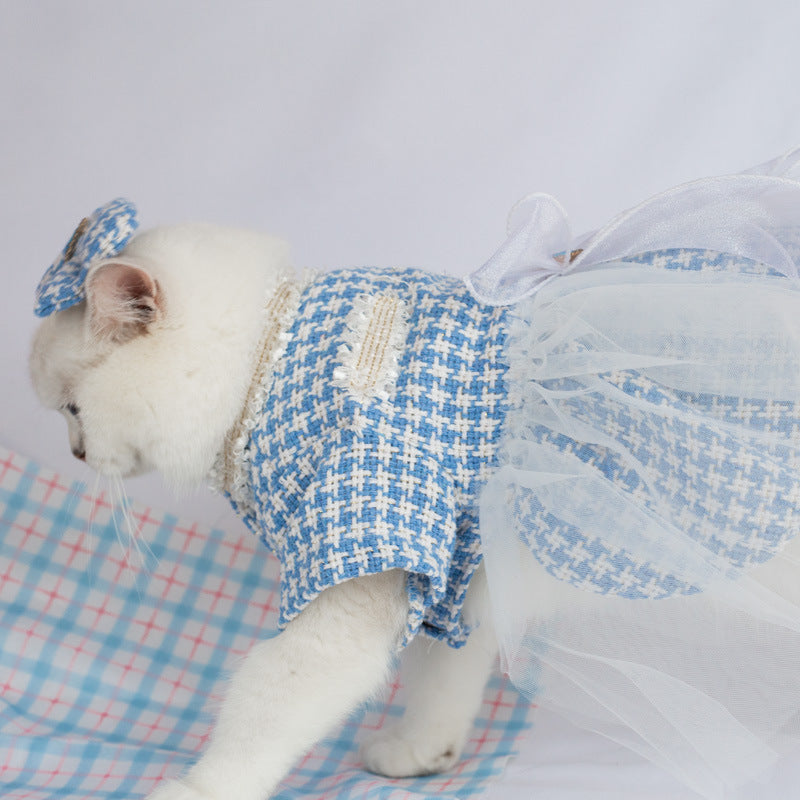 KFX-3553853 Tulle Tutu Skirt for Dogs and Cats with Matching Head Flower - Blue Smile Design