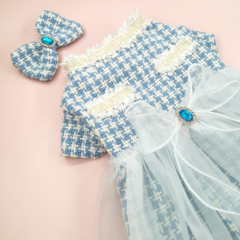 KFX-3553853 Tulle Tutu Skirt for Dogs and Cats with Matching Head Flower - Blue Smile Design