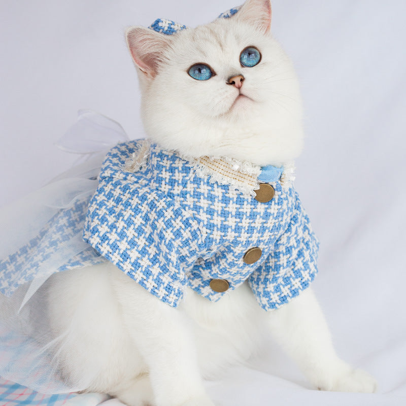 KFX-3553853 Tulle Tutu Skirt for Dogs and Cats with Matching Head Flower - Blue Smile Design