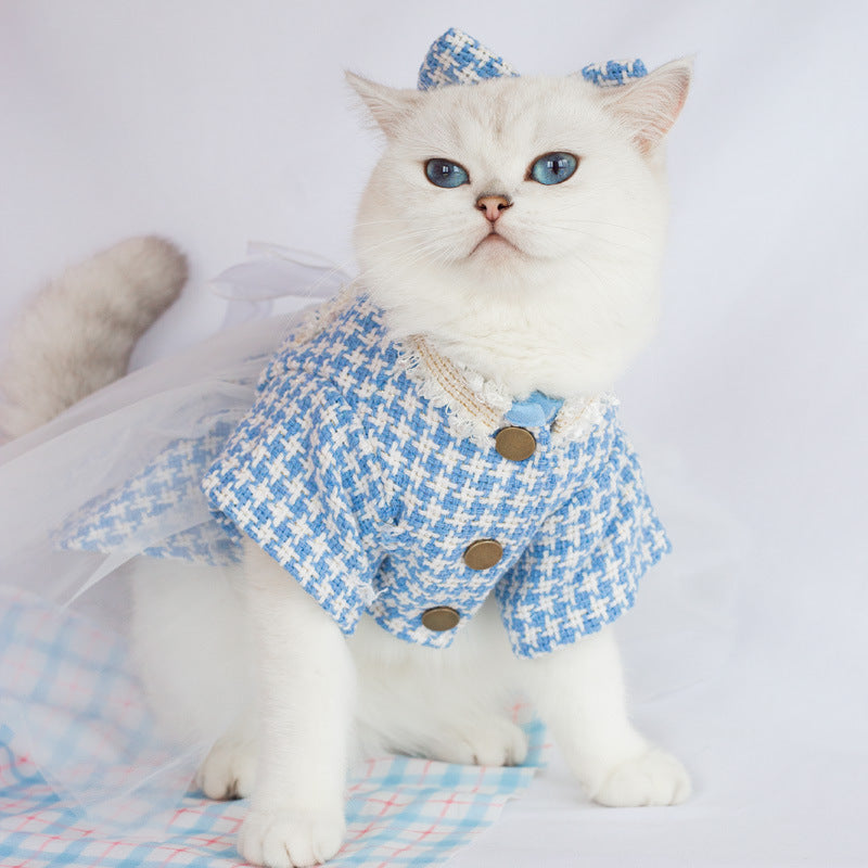 KFX-3553853 Tulle Tutu Skirt for Dogs and Cats with Matching Head Flower - Blue Smile Design