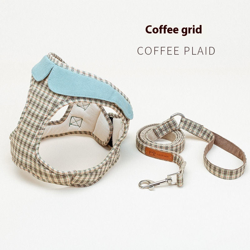 KFX-3556925 Small Plaid Dog Harness with Rope and Leash Options in Red, Blue, and Coffee Patterns