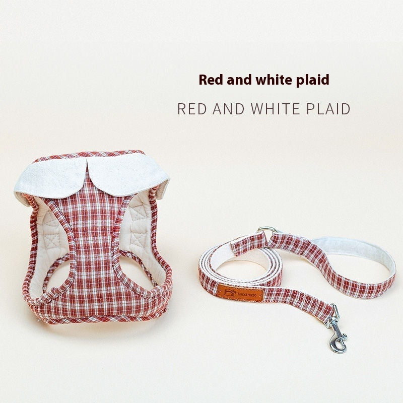 KFX-3556925 Small Plaid Dog Harness with Rope and Leash Options in Red, Blue, and Coffee Patterns