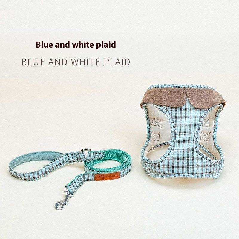 KFX-3556925 Small Plaid Dog Harness with Rope and Leash Options in Red, Blue, and Coffee Patterns