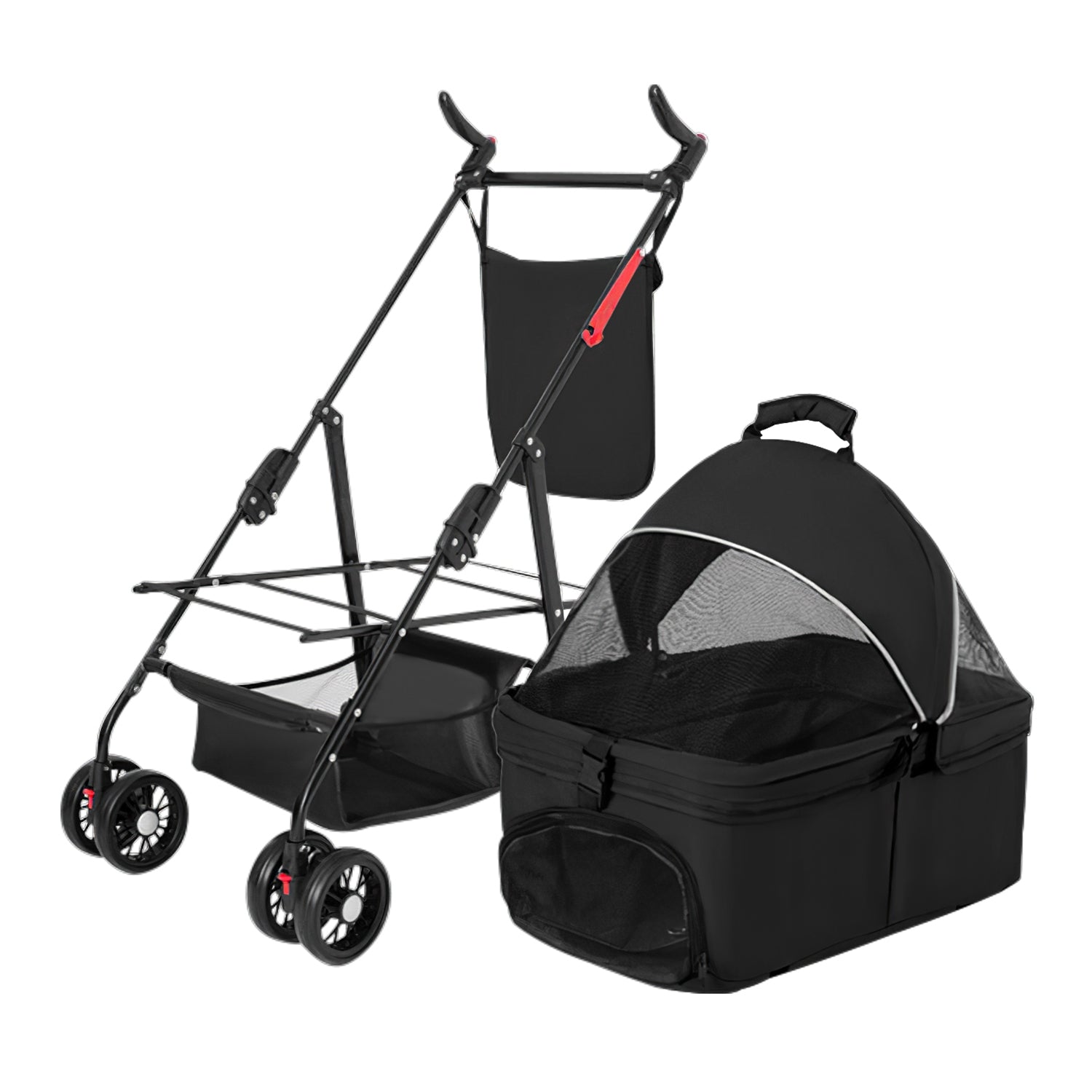 KFX-3557693 Foldable 4-Wheel Pet Stroller with Detachable Carrier Bag and Storage Basket for Dogs and Cats