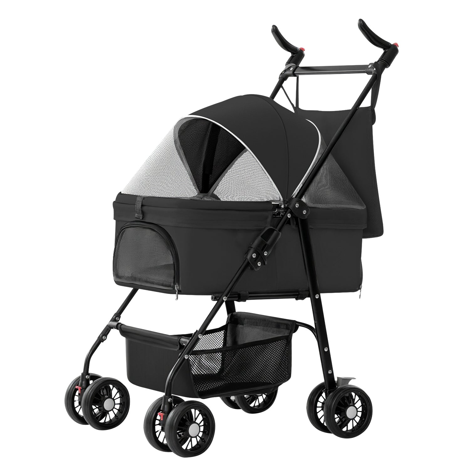 KFX-3557693 Foldable 4-Wheel Pet Stroller with Detachable Carrier Bag and Storage Basket for Dogs and Cats