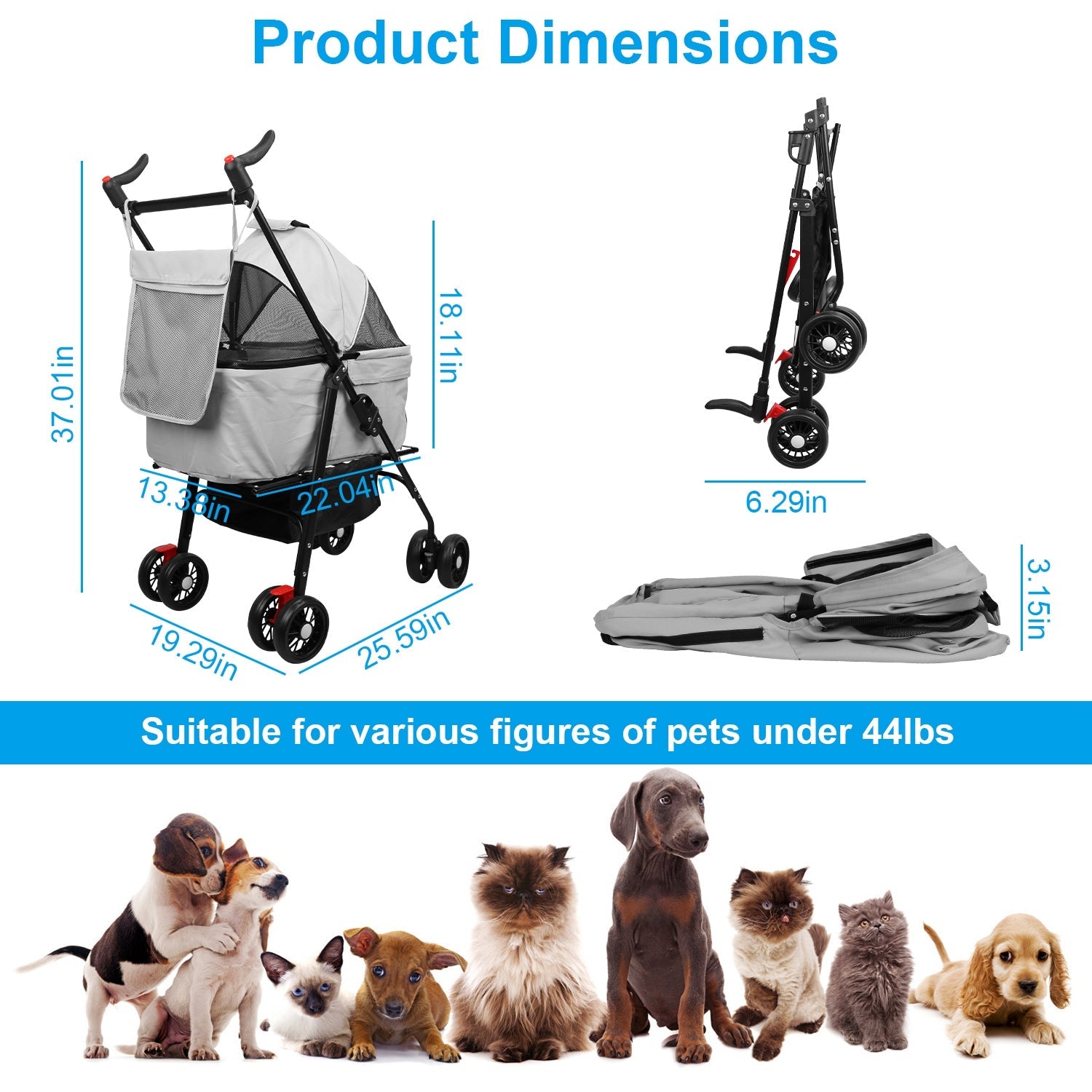 KFX-3557693 Foldable 4-Wheel Pet Stroller with Detachable Carrier Bag and Storage Basket for Dogs and Cats