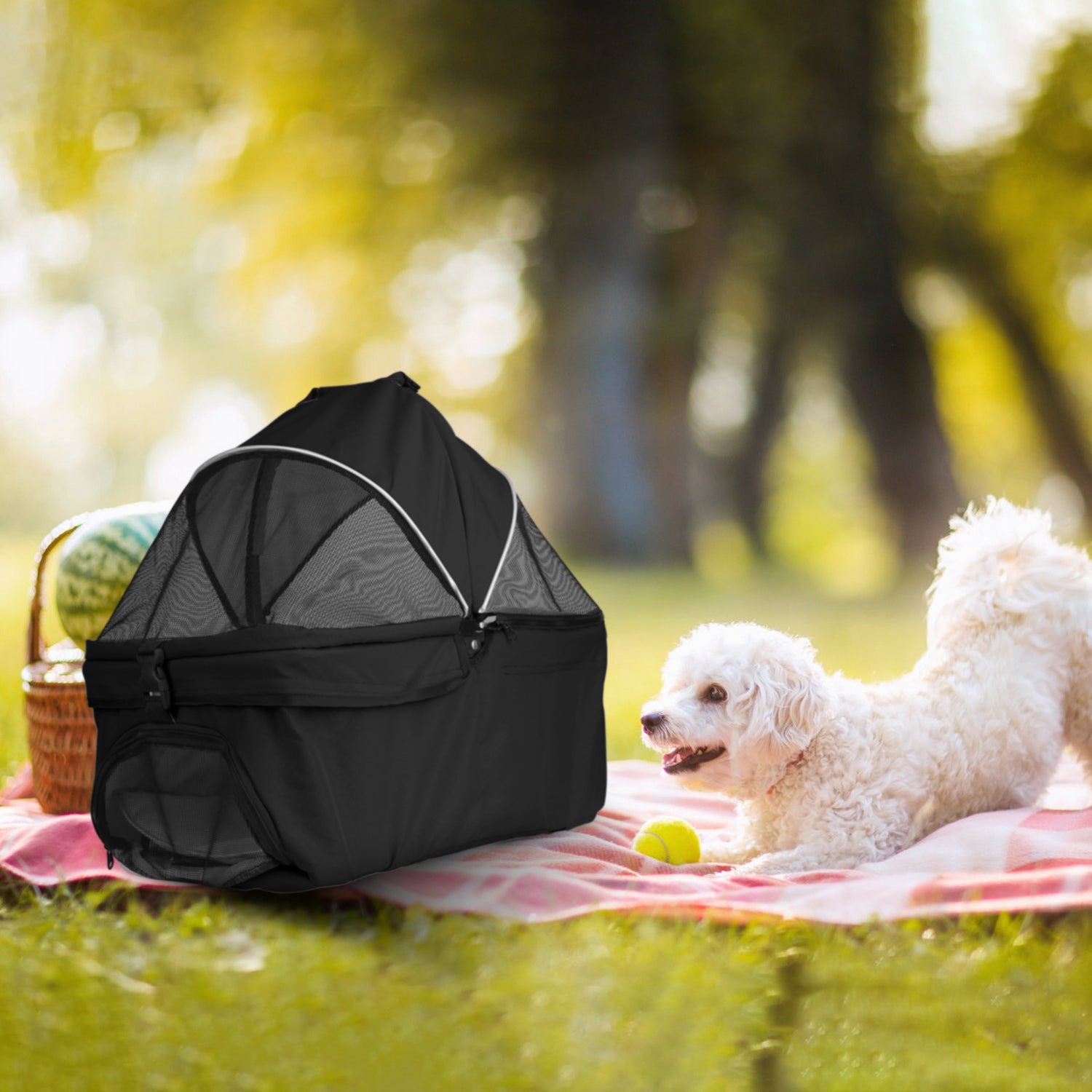 KFX-3557693 Foldable 4-Wheel Pet Stroller with Detachable Carrier Bag and Storage Basket for Dogs and Cats