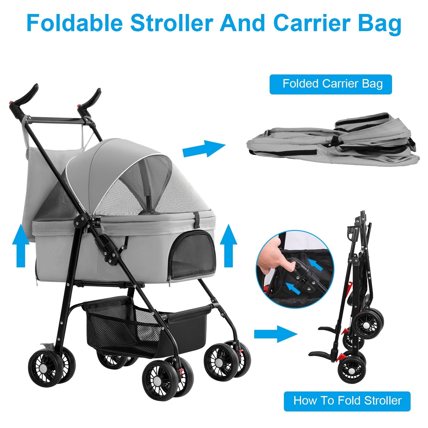 KFX-3557693 Foldable 4-Wheel Pet Stroller with Detachable Carrier Bag and Storage Basket for Dogs and Cats