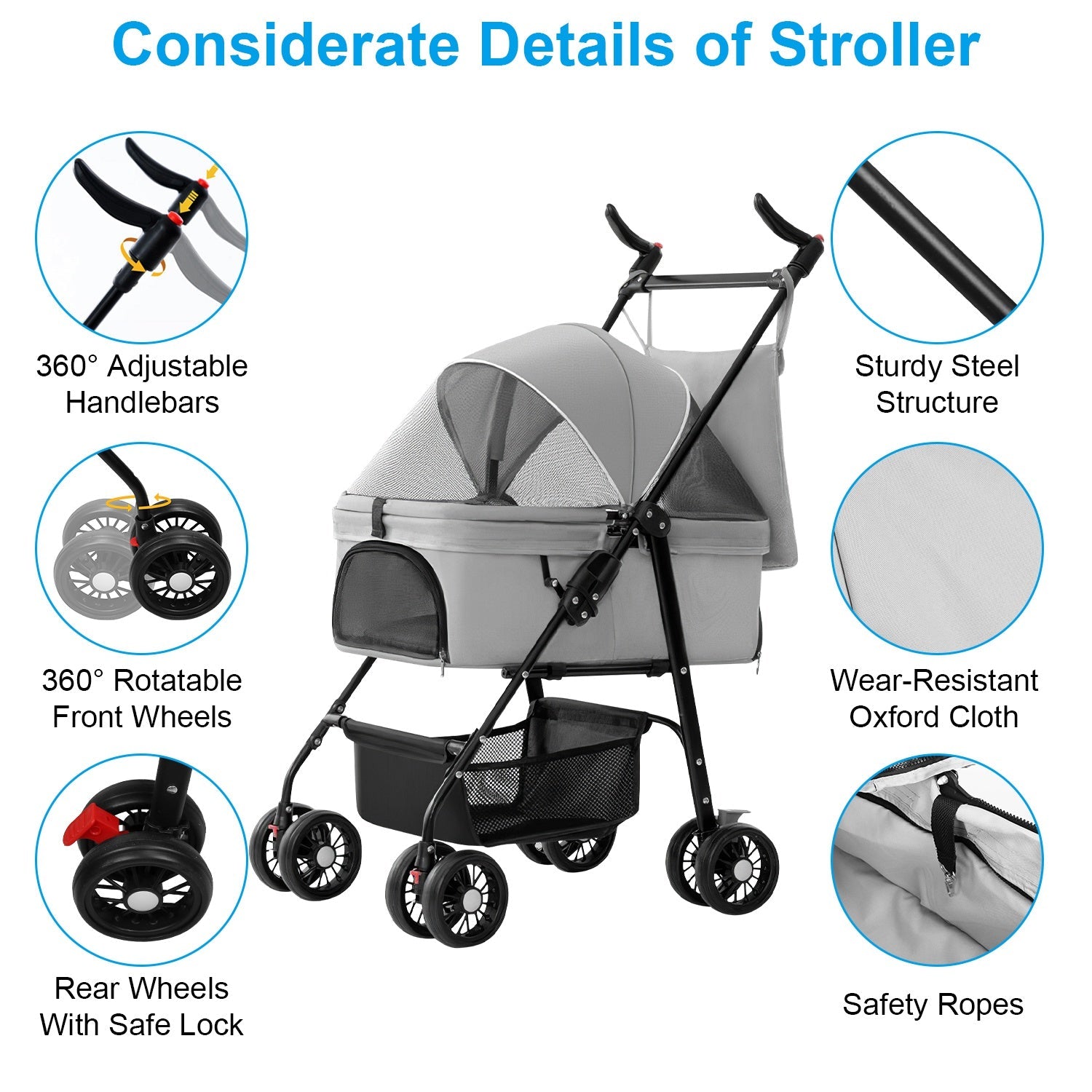 KFX-3557693 Foldable 4-Wheel Pet Stroller with Detachable Carrier Bag and Storage Basket for Dogs and Cats
