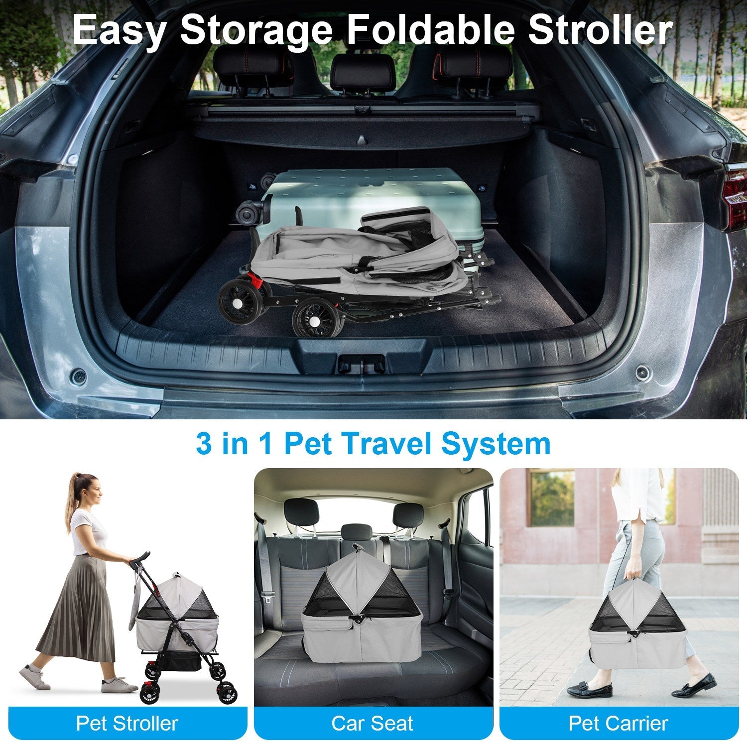 KFX-3557693 Foldable 4-Wheel Pet Stroller with Detachable Carrier Bag and Storage Basket for Dogs and Cats