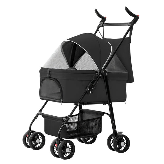 KFX-3557693 Foldable 4-Wheel Pet Stroller with Detachable Carrier Bag and Storage Basket for Dogs and Cats