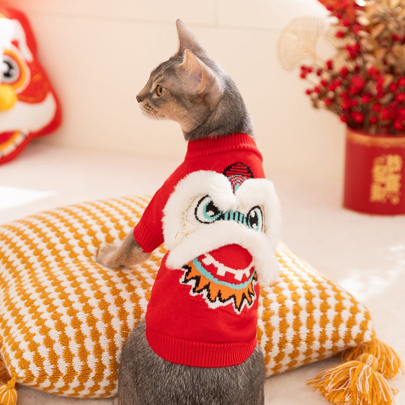 KFX-3559997 Lunar New Year Lion Dance Pet Sweater with 3D Plush Details and Embroidered Accents