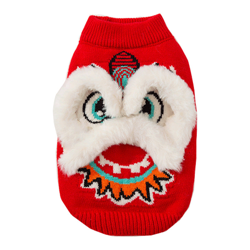 KFX-3559997 Lunar New Year Lion Dance Pet Sweater with 3D Plush Details and Embroidered Accents