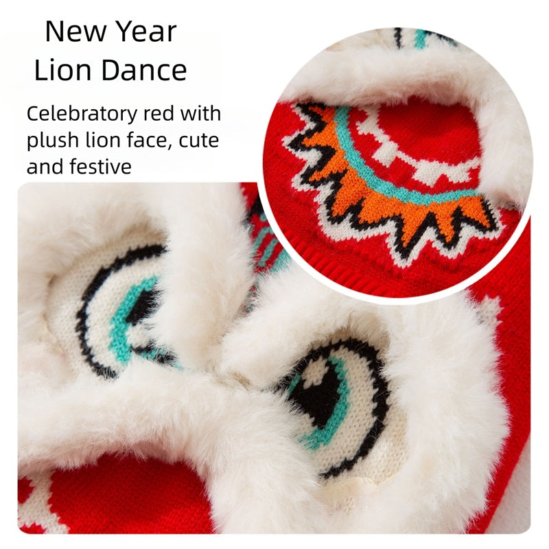 KFX-3559997 Lunar New Year Lion Dance Pet Sweater with 3D Plush Details and Embroidered Accents
