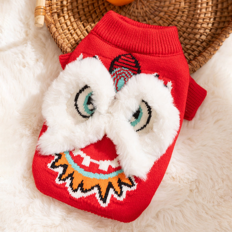 KFX-3559997 Lunar New Year Lion Dance Pet Sweater with 3D Plush Details and Embroidered Accents