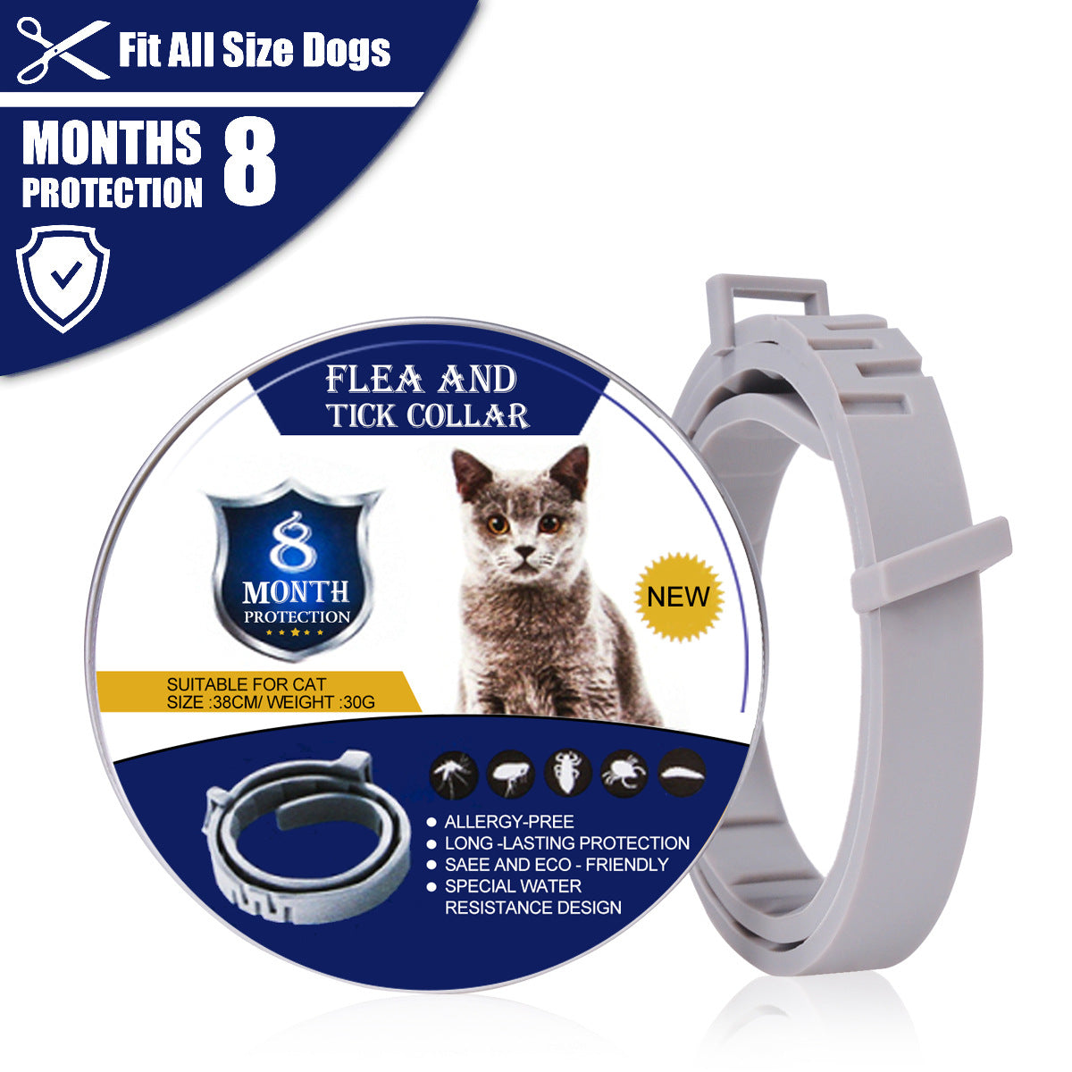 KFX-3563197 Flea and Mosquito Repellent Collars for Dogs and Cats - Grey, Fashionable Design