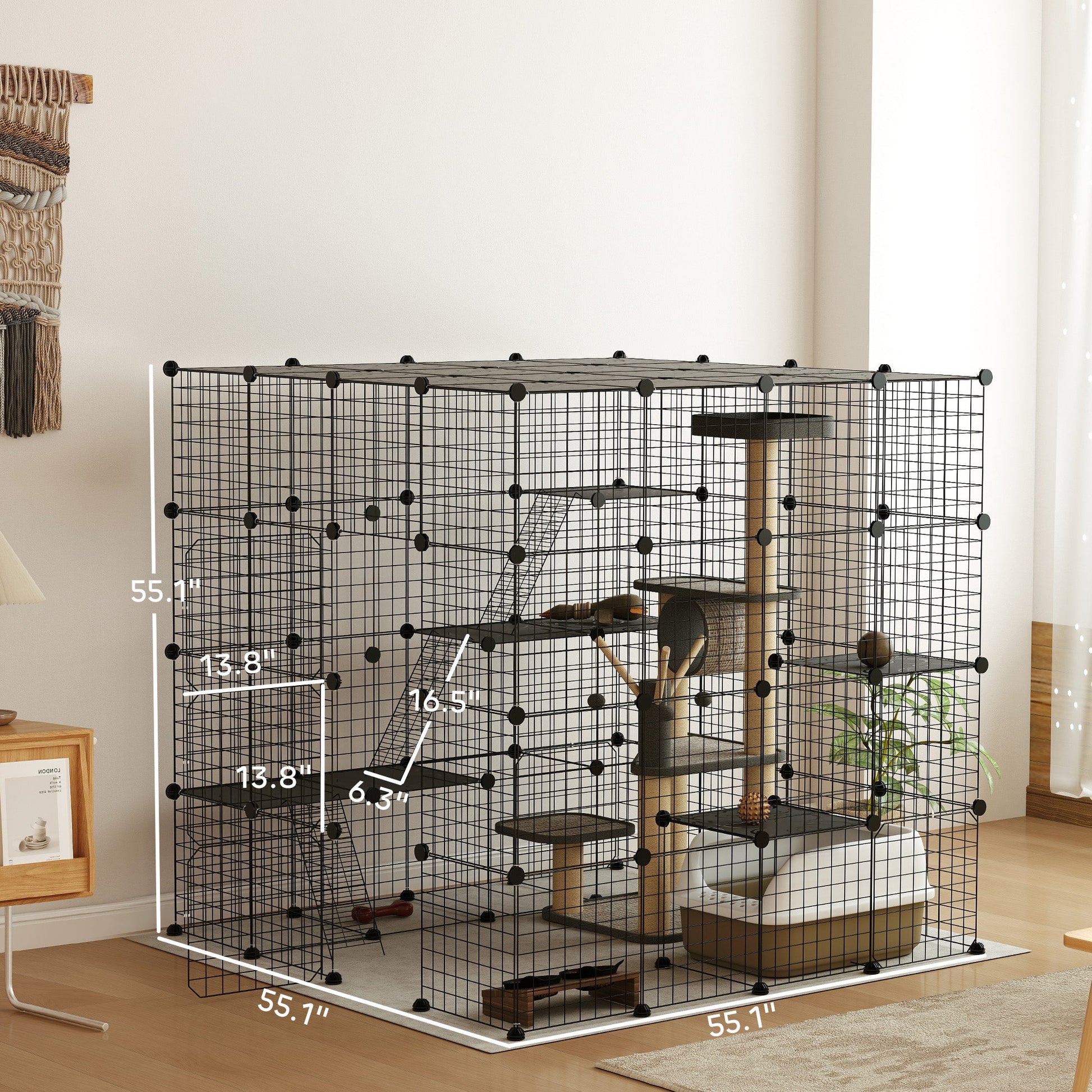 KFX-3571005 Spacious Detachable Metal Cat Cage with Platforms & Ramps for 1-3 Cats, 55" Black