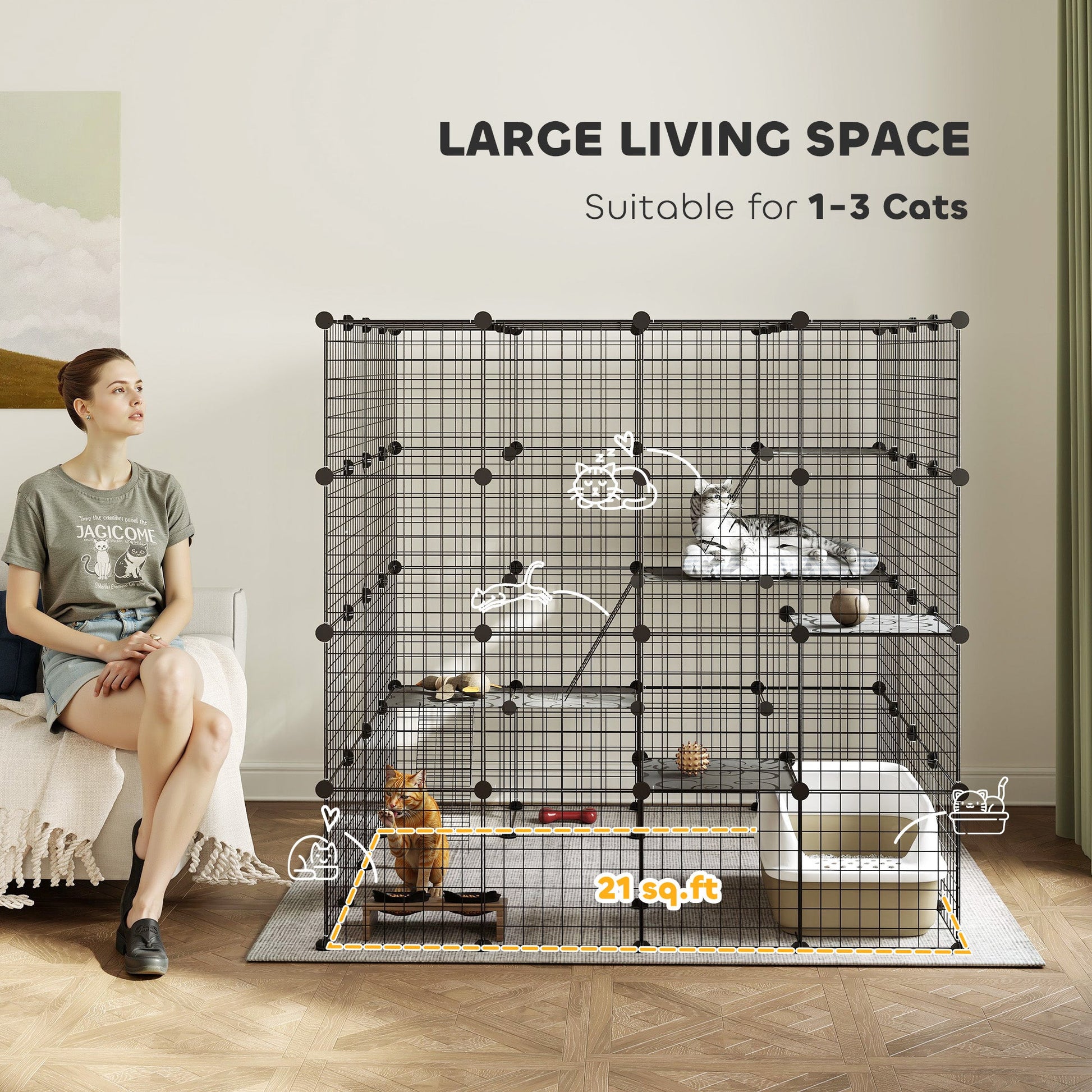 KFX-3571005 Spacious Detachable Metal Cat Cage with Platforms & Ramps for 1-3 Cats, 55" Black