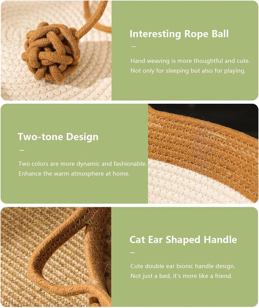 KFX-3574205 Hand Woven Cat Bed with Toy Tail - Natural Cotton and Linen, Breathable Indoor Mat for Small Breeds