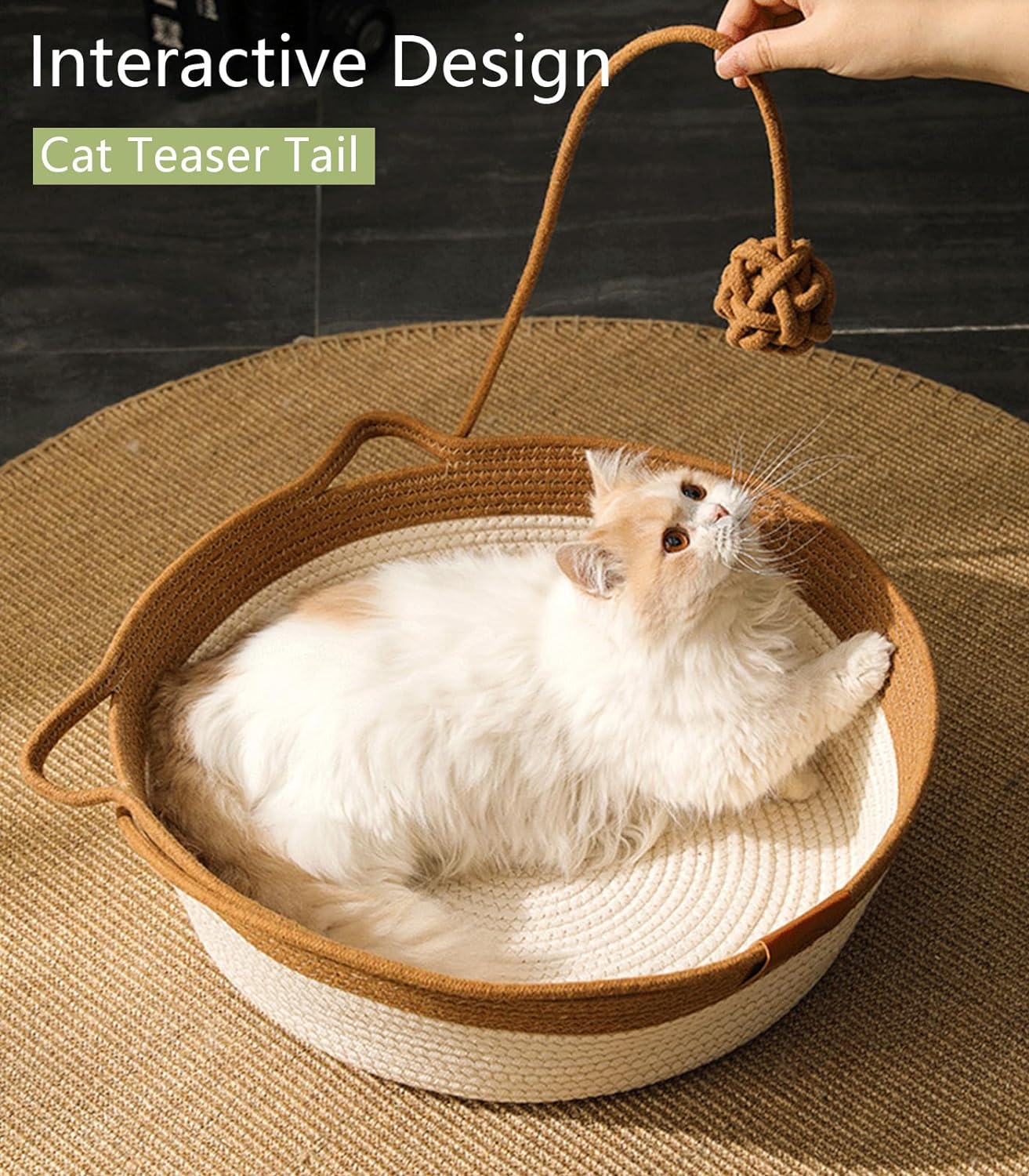 KFX-3574205 Hand Woven Cat Bed with Toy Tail - Natural Cotton and Linen, Breathable Indoor Mat for Small Breeds